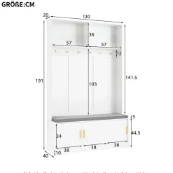 Vestiaire d'Entrée - Meuble d'Entrée avec Banc Assise et Patères, Rangement Pratique, Bois MDF Blanc 120x40x191 cm