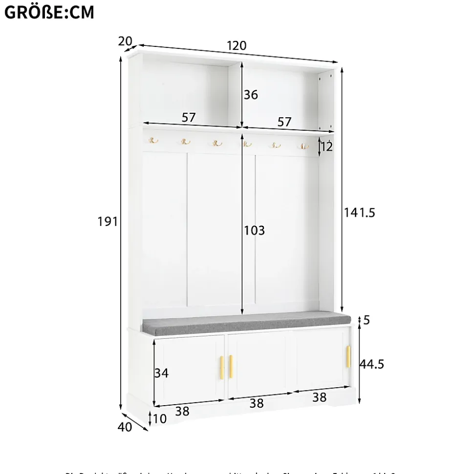 Vestiaire d'Entrée - Meuble d'Entrée avec Banc Assise et Patères, Rangement Pratique, Bois MDF Blanc 120x40x191 cm