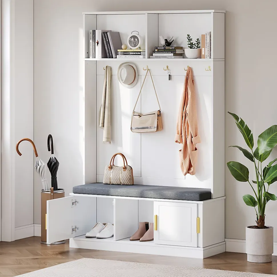 Vestiaire d'Entrée - Meuble d'Entrée avec Banc Assise et Patères, Rangement Pratique, Bois MDF Blanc 120x40x191 cm