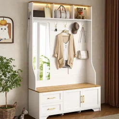 Vestiaire d'entrée - Meuble d'entrée avec LED, Banc Intégré et Miroir - MDF Blanc+Naturel 120x40x187 cm