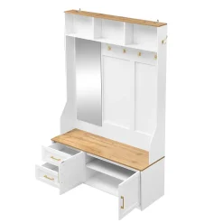Vestiaire d'entrée - Meuble d'entrée avec LED, Banc Intégré et Miroir - MDF Blanc+Naturel 120x40x187 cm