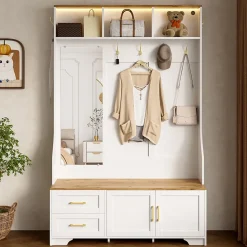 Vestiaire d'entrée - Meuble d'entrée avec LED, Banc Intégré et Miroir - MDF Blanc+Naturel 120x40x187 cm