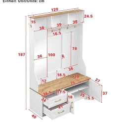 Vestiaire d'entrée - Meuble d'entrée avec LED, Banc Intégré et Miroir - MDF Blanc+Naturel 120x40x187 cm