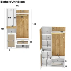 Vestiaire d'entrée - Meuble d'entrée avec Miroir et Éclairage LED, Crochets Dorés et Banc à Chaussures, MDF Blanc, 110x38x190 cm