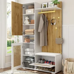 Vestiaire d'entrée - Meuble d'entrée avec Miroir et Éclairage LED, Crochets Dorés et Banc à Chaussures, MDF Blanc, 110x38x190 cm