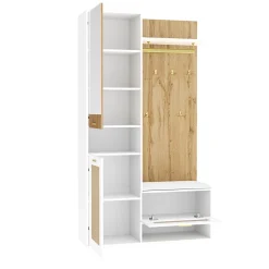 Vestiaire d'entrée - Meuble d'entrée avec Miroir et Éclairage LED, Crochets Dorés et Banc à Chaussures, MDF Blanc, 110x38x190 cm
