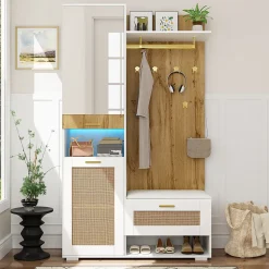 Vestiaire d'entrée - Meuble d'entrée avec Miroir et Éclairage LED, Crochets Dorés et Banc à Chaussures, MDF Blanc, 110x38x190 cm