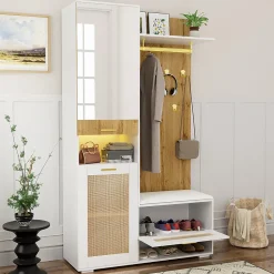 Vestiaire d'entrée - Meuble d'entrée avec Miroir et Éclairage LED, Crochets Dorés et Banc à Chaussures, MDF Blanc, 110x38x190 cm