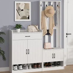 Vestiaire d'entrée - Meuble d'entrée avec Porte-Manteaux - 4 Portes, 1 Tiroir et Rangement Chaussures, Blanc - 140x32x180 cm