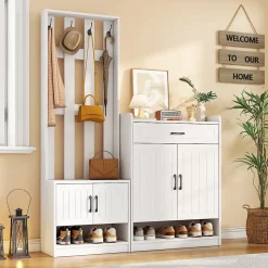 Vestiaire d'entrée - Meuble d'entrée avec Porte-Manteaux - 4 Portes, 1 Tiroir et Rangement Chaussures, Blanc - 140x32x180 cm