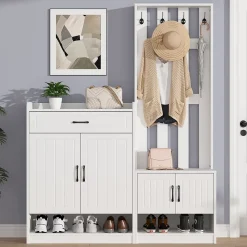 Vestiaire d'entrée - Meuble d'entrée avec Porte-Manteaux - 4 Portes, 1 Tiroir et Rangement Chaussures, Blanc - 140x32x180 cm