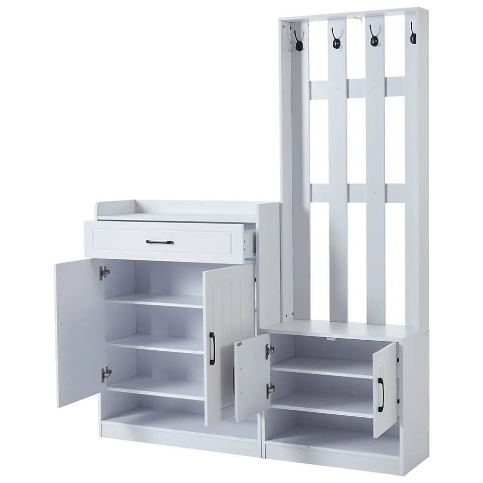 Vestiaire d'entrée - Meuble d'entrée avec Porte-Manteaux - 4 Portes, 1 Tiroir et Rangement Chaussures, Blanc - 140x32x180 cm