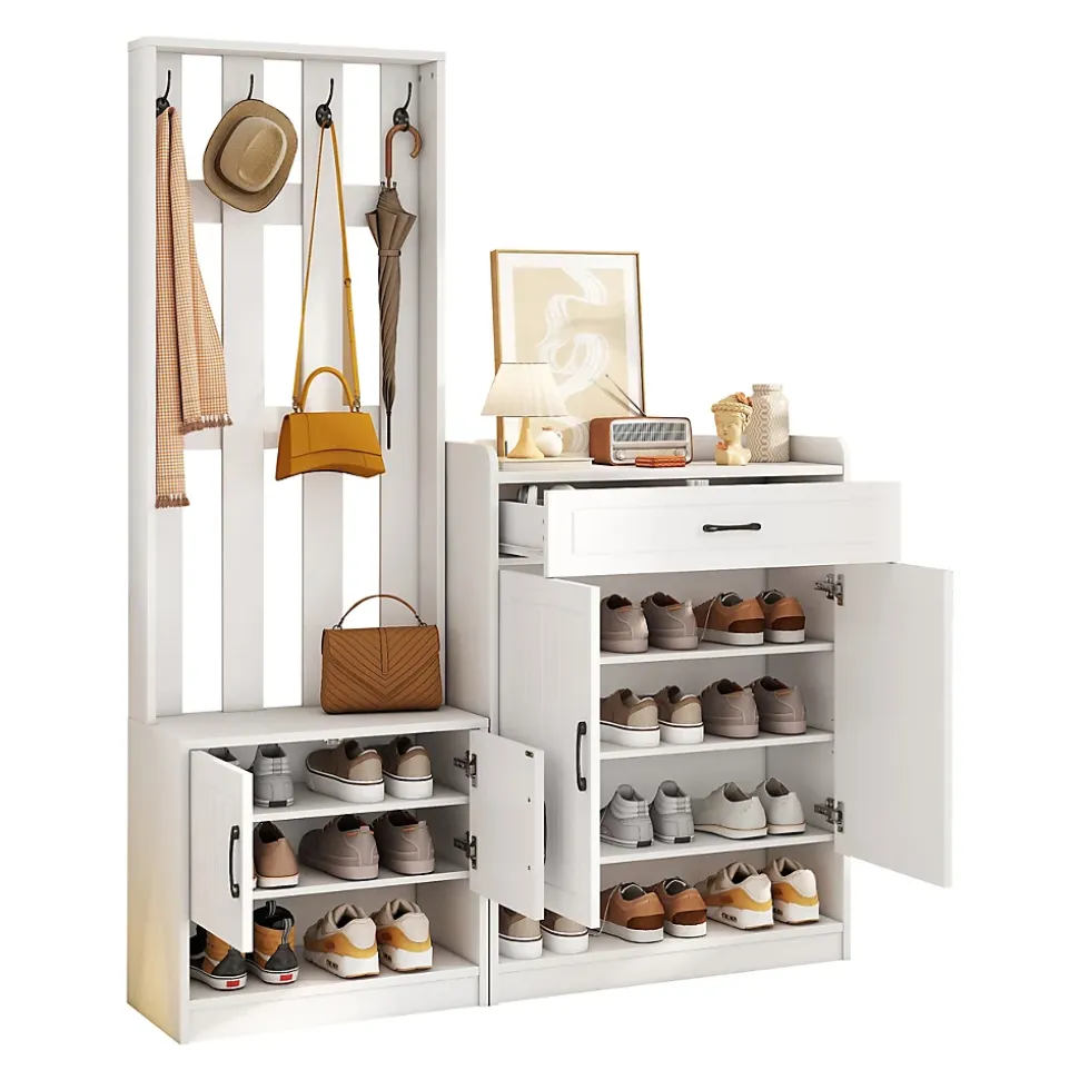 Vestiaire d'entrée - Meuble d'entrée avec Porte-Manteaux - 4 Portes, 1 Tiroir et Rangement Chaussures, Blanc - 140x32x180 cm