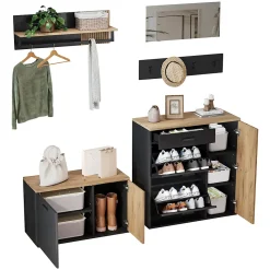 Vestiaire d'entrée - Meuble à Chaussures avec Portes et Crochets, Étagère et Miroir - Noir + Bois Naturel - 80/85x32x48/85 cm
