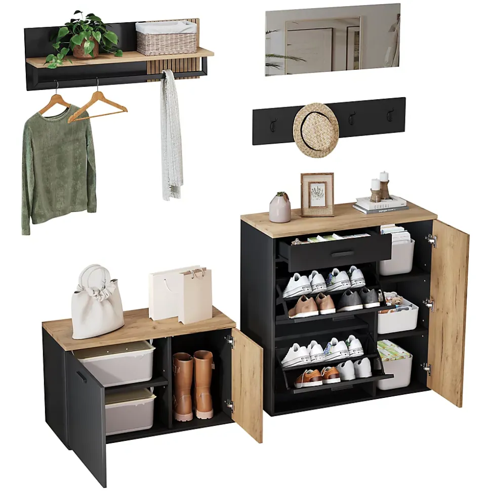 Vestiaire d'entrée - Meuble à Chaussures avec Portes et Crochets, Étagère et Miroir - Noir + Bois Naturel - 80/85x32x48/85 cm
