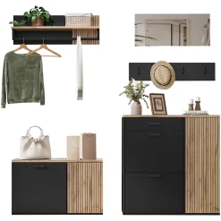 Vestiaire d'entrée - Meuble à Chaussures avec Portes et Crochets, Étagère et Miroir - Noir + Bois Naturel - 80/85x32x48/85 cm