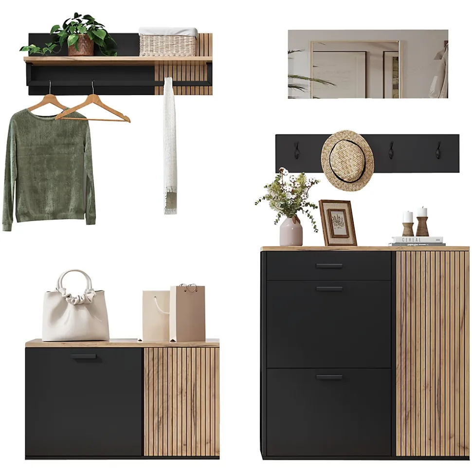 Vestiaire d'entrée - Meuble à Chaussures avec Portes et Crochets, Étagère et Miroir - Noir + Bois Naturel - 80/85x32x48/85 cm