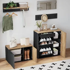 Vestiaire d'entrée - Meuble à Chaussures avec Portes et Crochets, Étagère et Miroir - Noir + Bois Naturel - 80/85x32x48/85 cm