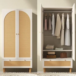 Vestiaire d'Entrée 2 Portes - Armoire avec Tiroir et Tringle - Étagères Réglables - Style Campagne Cannage - Blanc - 52x85x180 cm