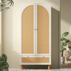 Vestiaire d'Entrée 2 Portes - Armoire avec Tiroir et Tringle - Étagères Réglables - Style Campagne Cannage - Blanc - 52x85x180 cm