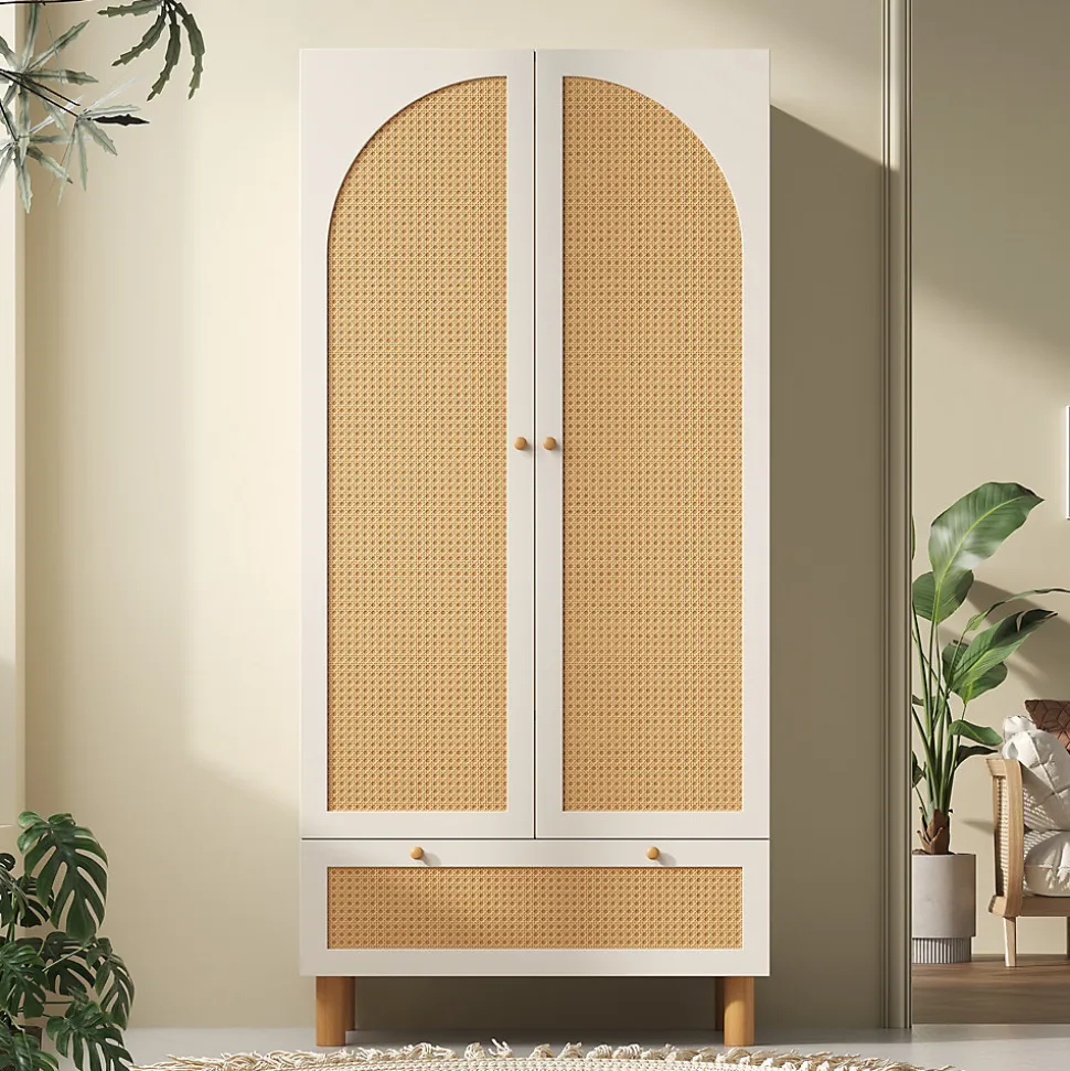 Vestiaire d'Entrée 2 Portes - Armoire avec Tiroir et Tringle - Étagères Réglables - Style Campagne Cannage - Blanc - 52x85x180 cm