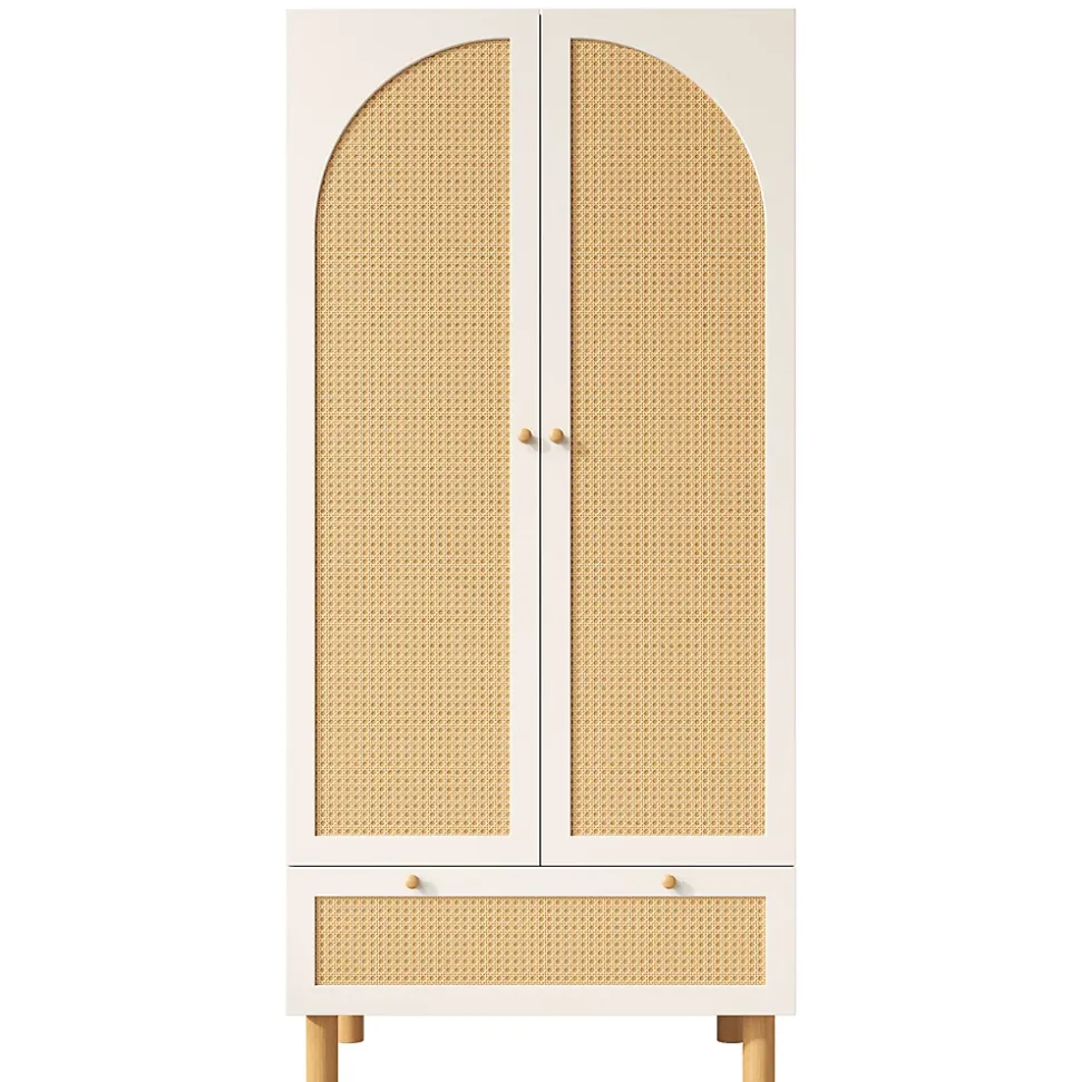Vestiaire d'Entrée 2 Portes - Armoire avec Tiroir et Tringle - Étagères Réglables - Style Campagne Cannage - Blanc - 52x85x180 cm