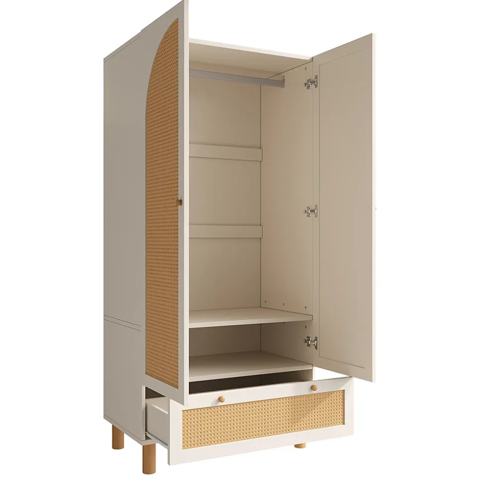 Vestiaire d'Entrée 2 Portes - Armoire avec Tiroir et Tringle - Étagères Réglables - Style Campagne Cannage - Blanc - 52x85x180 cm