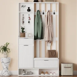Vestiaire d'entrée avec 2 armoires, 1 tiroir, 10 compartiments et banc matelassé, blanc bois et verre trempé, 85x33,5x200 cm