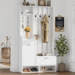 Vestiaire d'entrée avec 2 armoires, 1 tiroir, 10 compartiments et banc matelassé, blanc bois et verre trempé, 85x33,5x200 cm