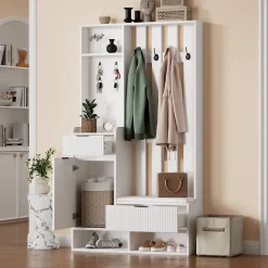 Vestiaire d'entrée avec 2 armoires, 1 tiroir, 10 compartiments et banc matelassé, blanc bois et verre trempé, 85x33,5x200 cm
