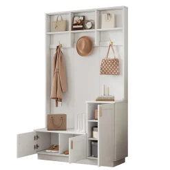 Vestiaire d'entrée avec banc, 3 portes et 3 rangements ouverts, meuble panneau et métal, 120x40x200 cm blanc
