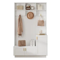 Vestiaire d'entrée avec banc, 3 portes et 3 rangements ouverts, meuble panneau et métal, 120x40x200 cm blanc