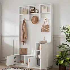 Vestiaire d'entrée avec banc, 3 portes et 3 rangements ouverts, meuble panneau et métal, 120x40x200 cm blanc