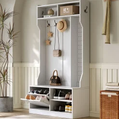 Vestiaire d'Entrée avec Banc, 1 Porte, 4 Niches, 6 Crochets - Meuble de Rangement en Panneau de Particules, 100x40x185,5 cm, Blanc