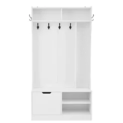 Vestiaire d'Entrée avec Banc, 1 Porte, 4 Niches, 6 Crochets - Meuble de Rangement en Panneau de Particules, 100x40x185,5 cm, Blanc