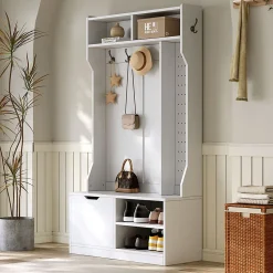 Vestiaire d'Entrée avec Banc, 1 Porte, 4 Niches, 6 Crochets - Meuble de Rangement en Panneau de Particules, 100x40x185,5 cm, Blanc