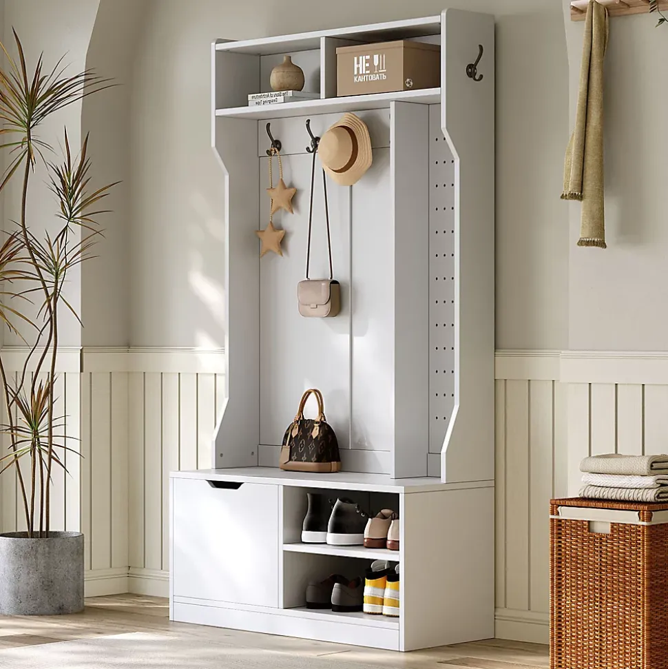 Vestiaire d'Entrée avec Banc, 1 Porte, 4 Niches, 6 Crochets - Meuble de Rangement en Panneau de Particules, 100x40x185,5 cm, Blanc