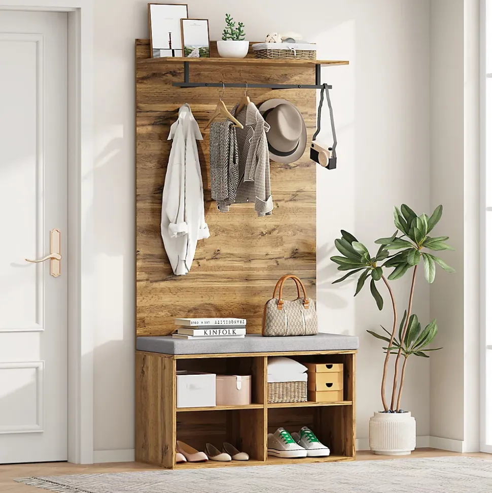 Vestiaire d'entrée avec Banc à Chaussures, Étagère Ajustable et Barre de Vêtements, Panneau de Particules - Naturel - 84x35x175 cm