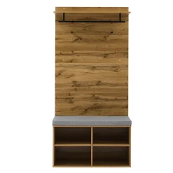 Vestiaire d'entrée avec Banc à Chaussures, Étagère Ajustable et Barre de Vêtements, Panneau de Particules - Naturel - 84x35x175 cm