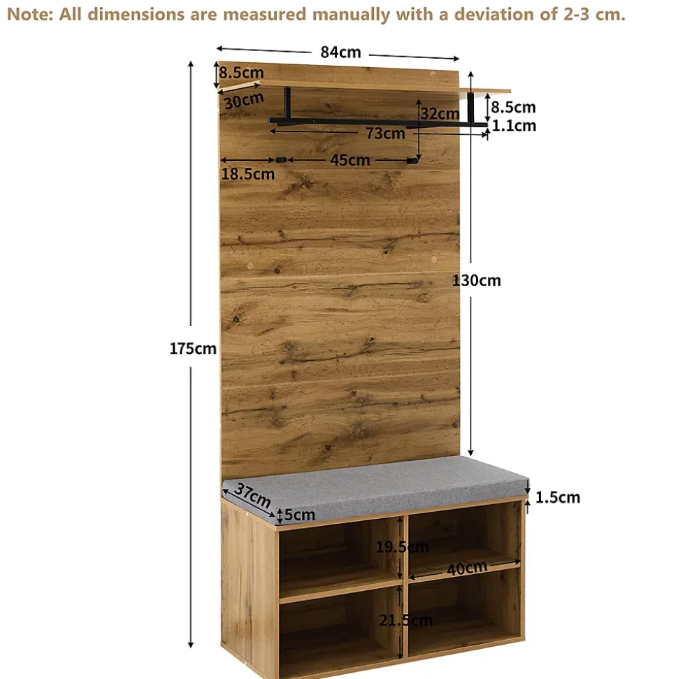 Vestiaire d'entrée avec Banc à Chaussures, Étagère Ajustable et Barre de Vêtements, Panneau de Particules - Naturel - 84x35x175 cm
