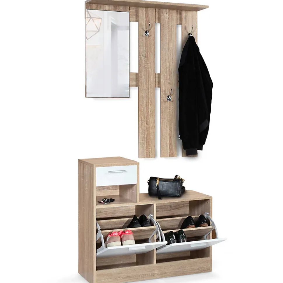 Vestiaire d'entrée avec miroir PAULIN design hêtre portes blanches