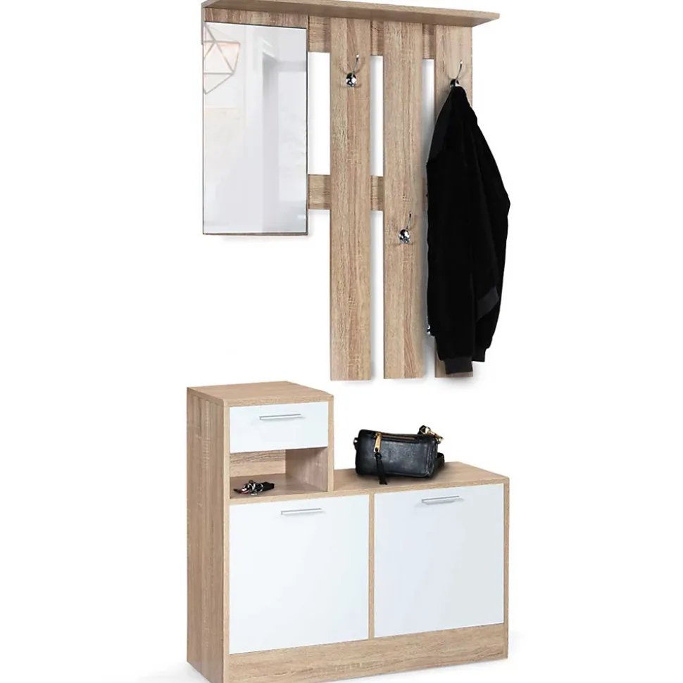 Vestiaire d'entrée avec miroir PAULIN design hêtre portes blanches