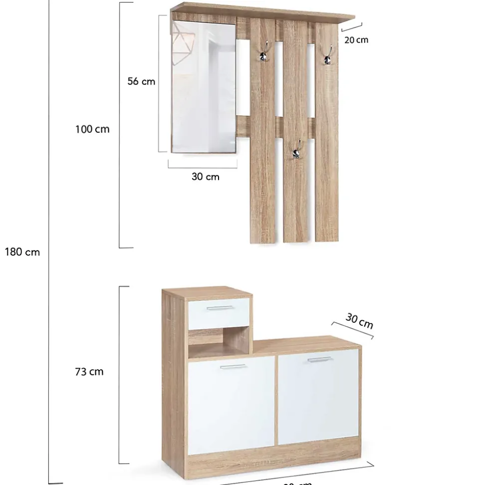 Vestiaire d'entrée avec miroir PAULIN design hêtre portes blanches