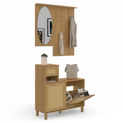 Vestiaire d'entrée avec miroir HANAE effet naturel cannage