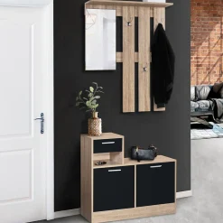 Vestiaire d'entrée avec miroir PAULIN design hêtre portes noires