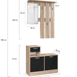 Vestiaire d'entrée avec miroir PAULIN design hêtre portes noires