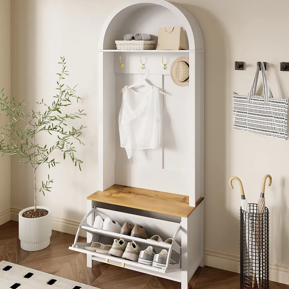 Vestiaire d'entrée avec Patères et Étagères - Meuble d'entrée Tout-en-Un en MDF, Blanc+Naturel, 75x35x195 cm