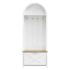 Vestiaire d'entrée avec Patères et Étagères - Meuble d'entrée Tout-en-Un en MDF, Blanc+Naturel, 75x35x195 cm