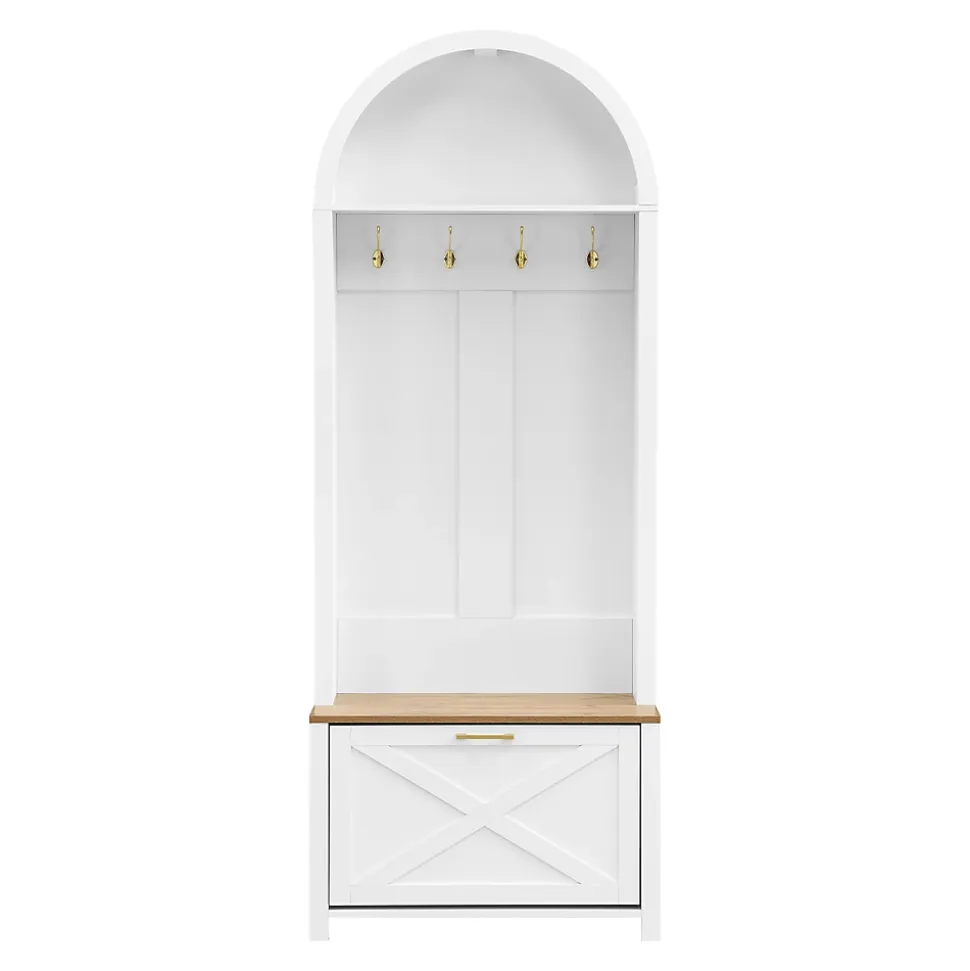 Vestiaire d'entrée avec Patères et Étagères - Meuble d'entrée Tout-en-Un en MDF, Blanc+Naturel, 75x35x195 cm