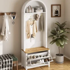 Vestiaire d'entrée avec Patères et Étagères - Meuble d'entrée Tout-en-Un en MDF, Blanc+Naturel, 75x35x195 cm